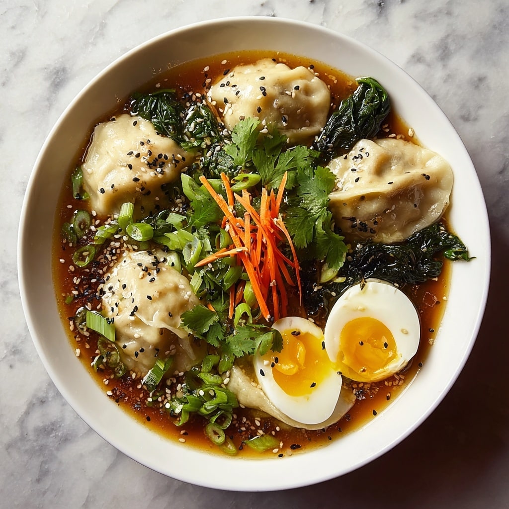 Savory Dumpling Ramen Bowl with Soft-Boiled Eggs and Fresh Greens Recipe - Recipe Image