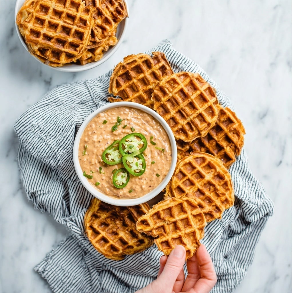 Cheddar-Jalapeño Cornbread Waffles with Turkey Chile Con Queso Dip Recipe - Recipe Image