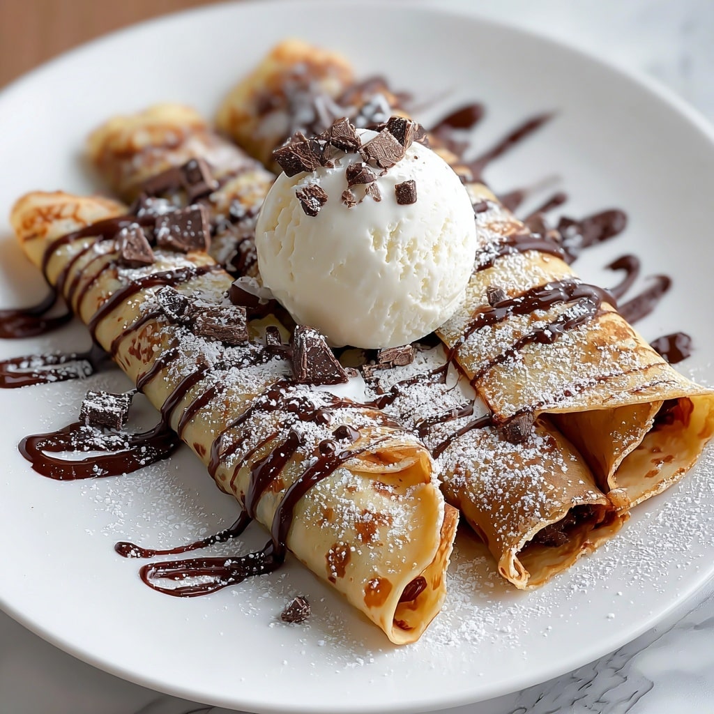 Chocolate Brownie Dessert Crepes with Ice Cream & Chocolate Drizzle Recipe - Recipe Image