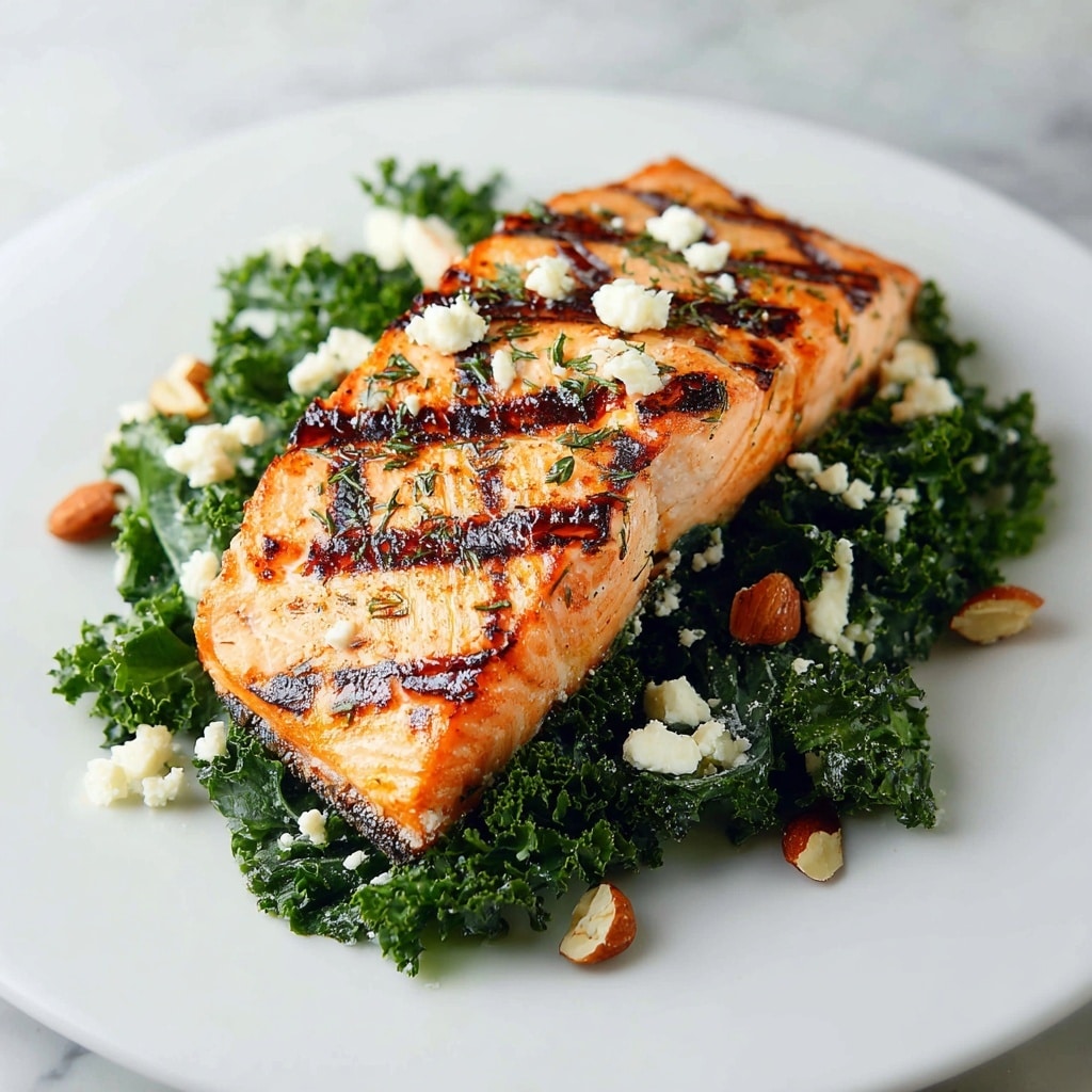 Grilled Salmon Salad with Kale, Parmesan, Pecans, and Honey Lemon Vinaigrette Recipe - Recipe Image
