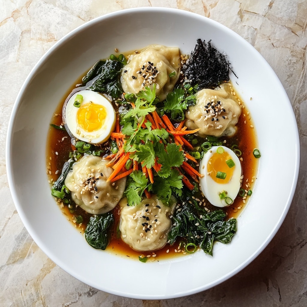 Savory Dumpling Ramen Bowl with Soft-Boiled Eggs and Fresh Greens Recipe - Recipe Image