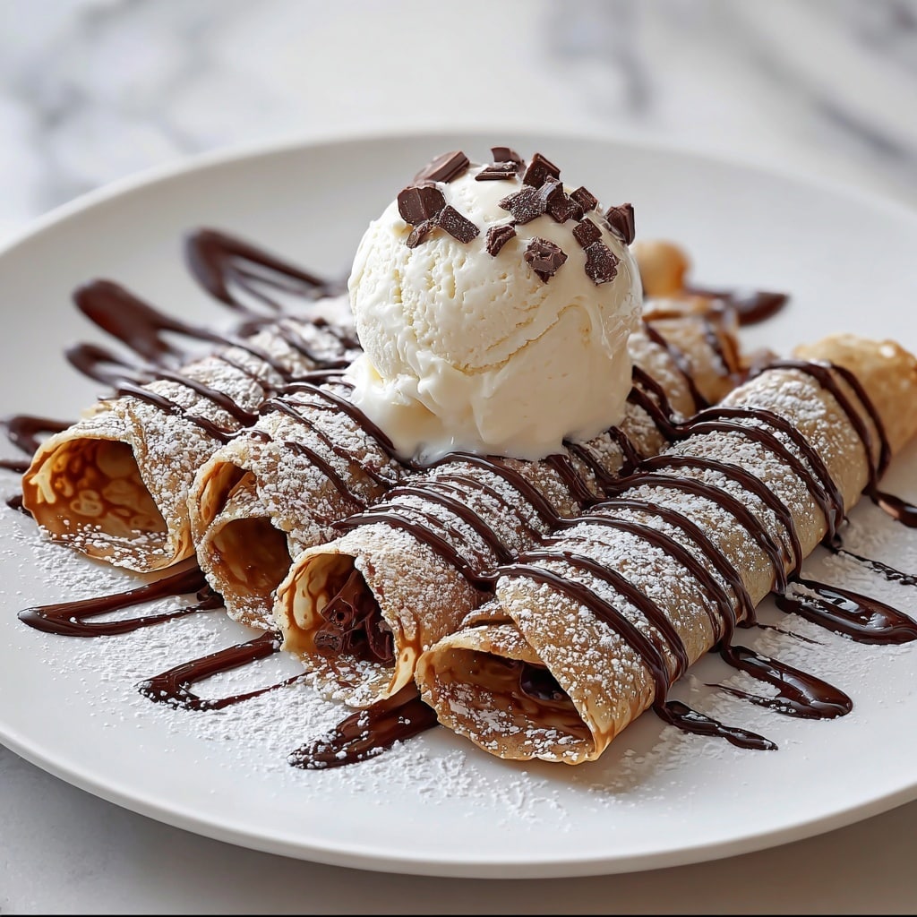 Chocolate Brownie Dessert Crepes with Ice Cream & Chocolate Drizzle Recipe - Recipe Image