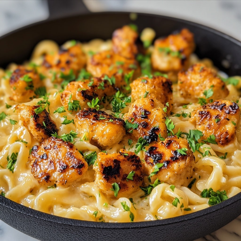 Garlic Butter Chicken Bites with Savory Creamy Parmesan Pasta Recipe - Recipe Image
