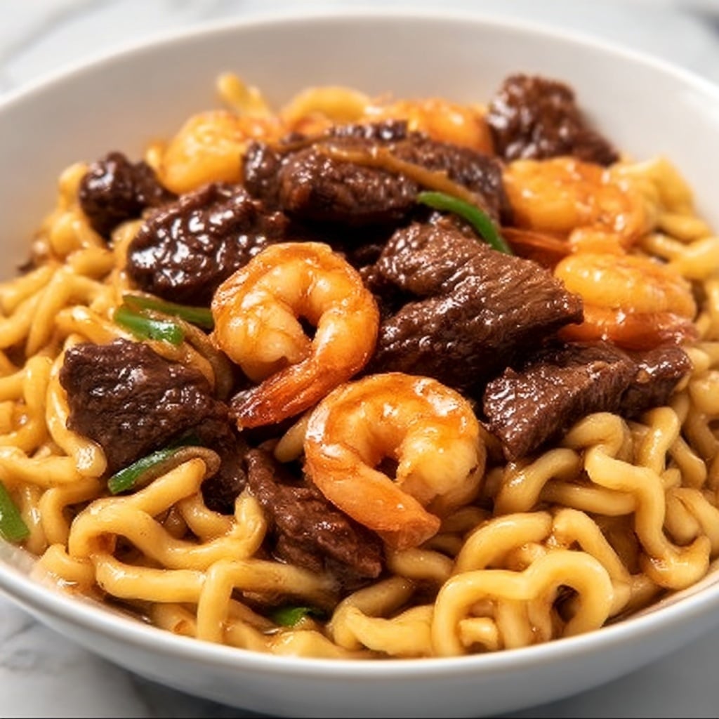 Garlic Butter Steak and Shrimp Stir-Fried Noodles Recipe - Recipe Image