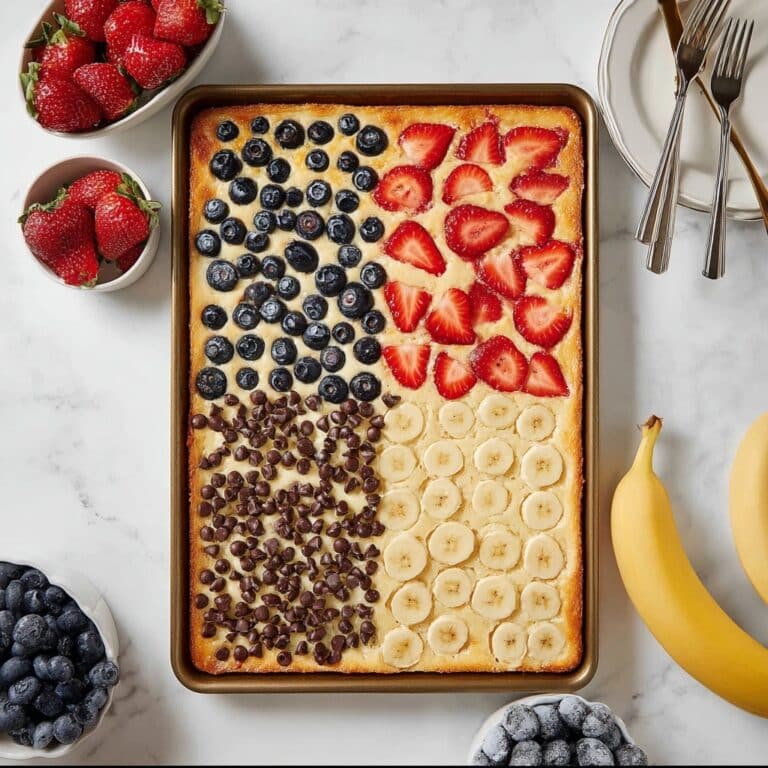 Sheet Pan Pancakes with Fresh Strawberries, Blueberries, Bananas, and Chocolate Chips Recipe