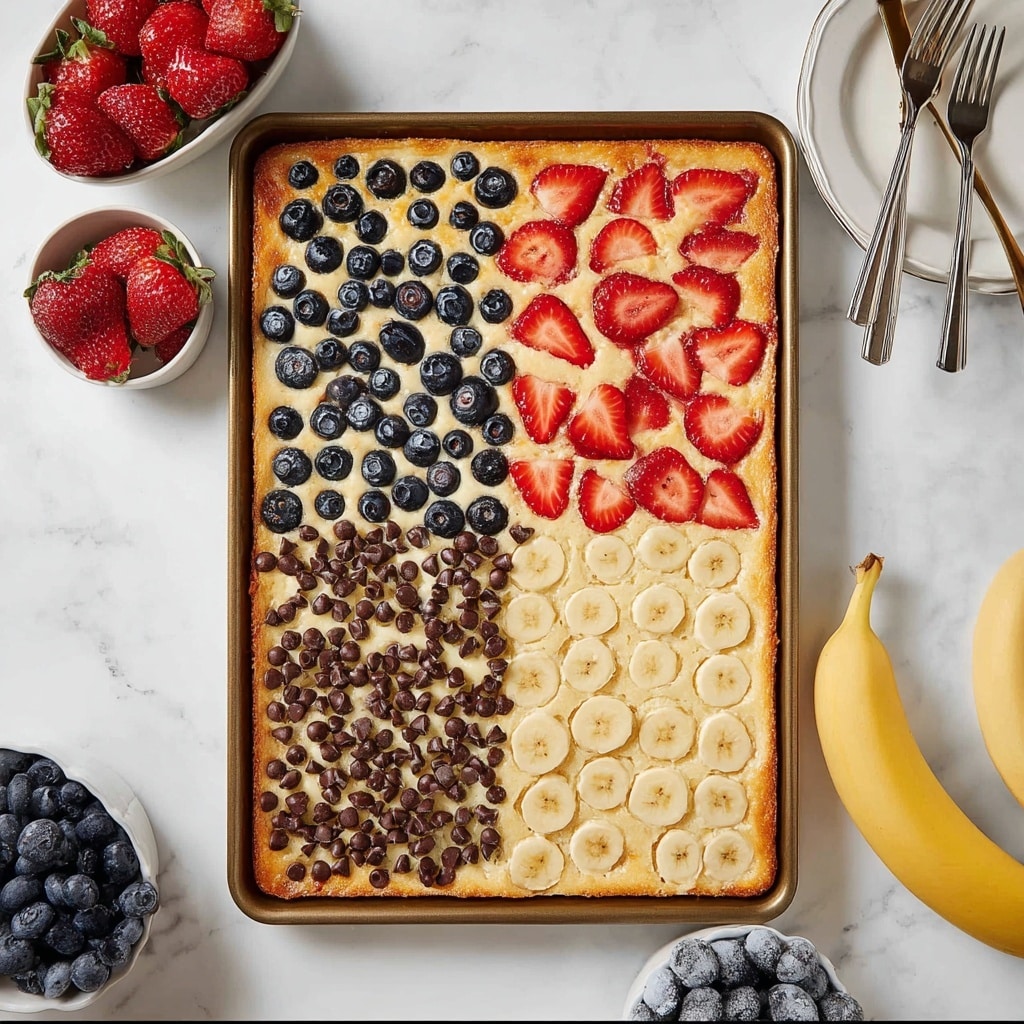 Sheet Pan Pancakes with Fresh Strawberries, Blueberries, Bananas, and Chocolate Chips Recipe