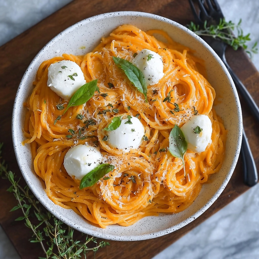 Creamy Red Pepper Pasta with Burrata & Herbs Recipe - Recipe Image