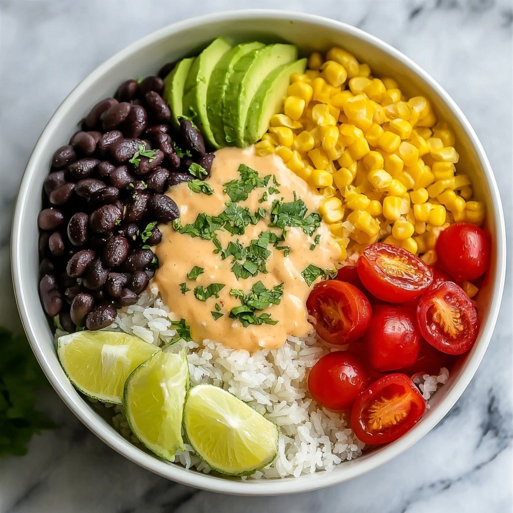 Black Bean Burrito Bowl with Chipotle Sauce and Fresh Garnishes Recipe