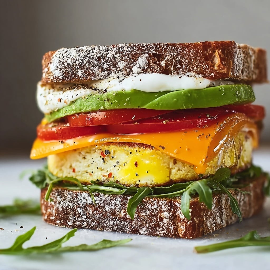 Avocado Breakfast Sandwich with Crispy Bacon, Scrambled Eggs, and Cheddar Recipe