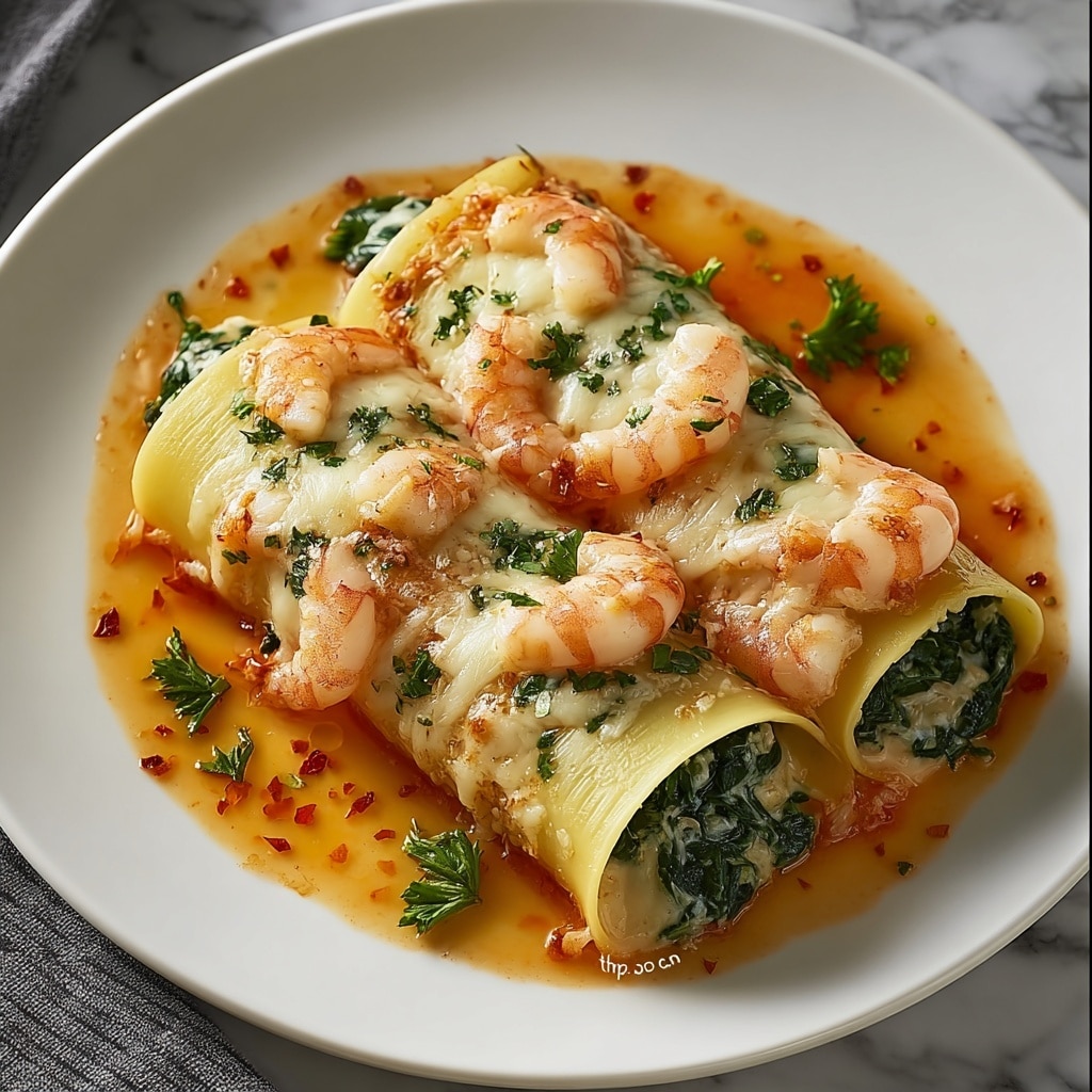 Shrimp & Spinach Stuffed Pasta Rolls with Roasted Red Pepper Cream Sauce Recipe - Recipe Image