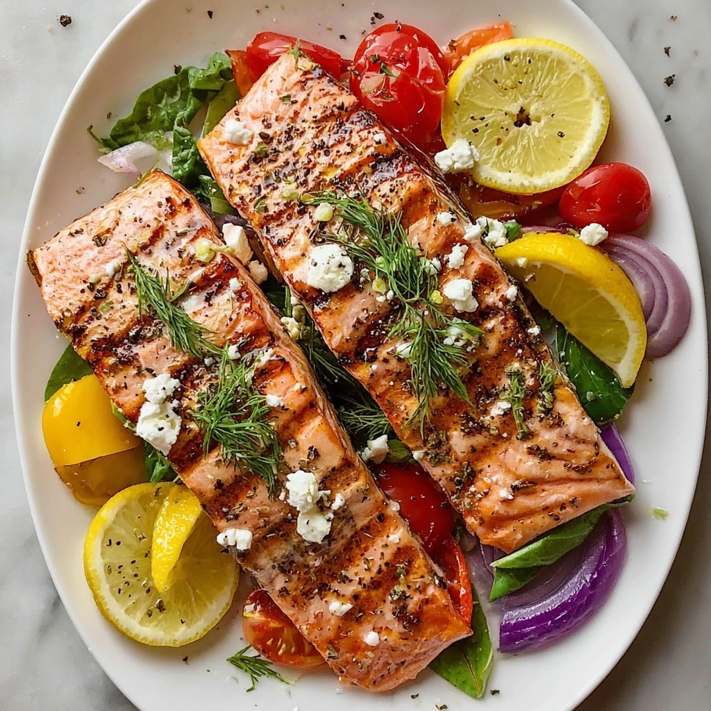 Greek Salmon Bake with Feta and Fresh Veggies Recipe - Recipe Image
