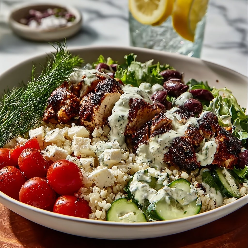 Greek Chicken Bowls with Creamy Tahini Feta Sauce Recipe - Recipe Image