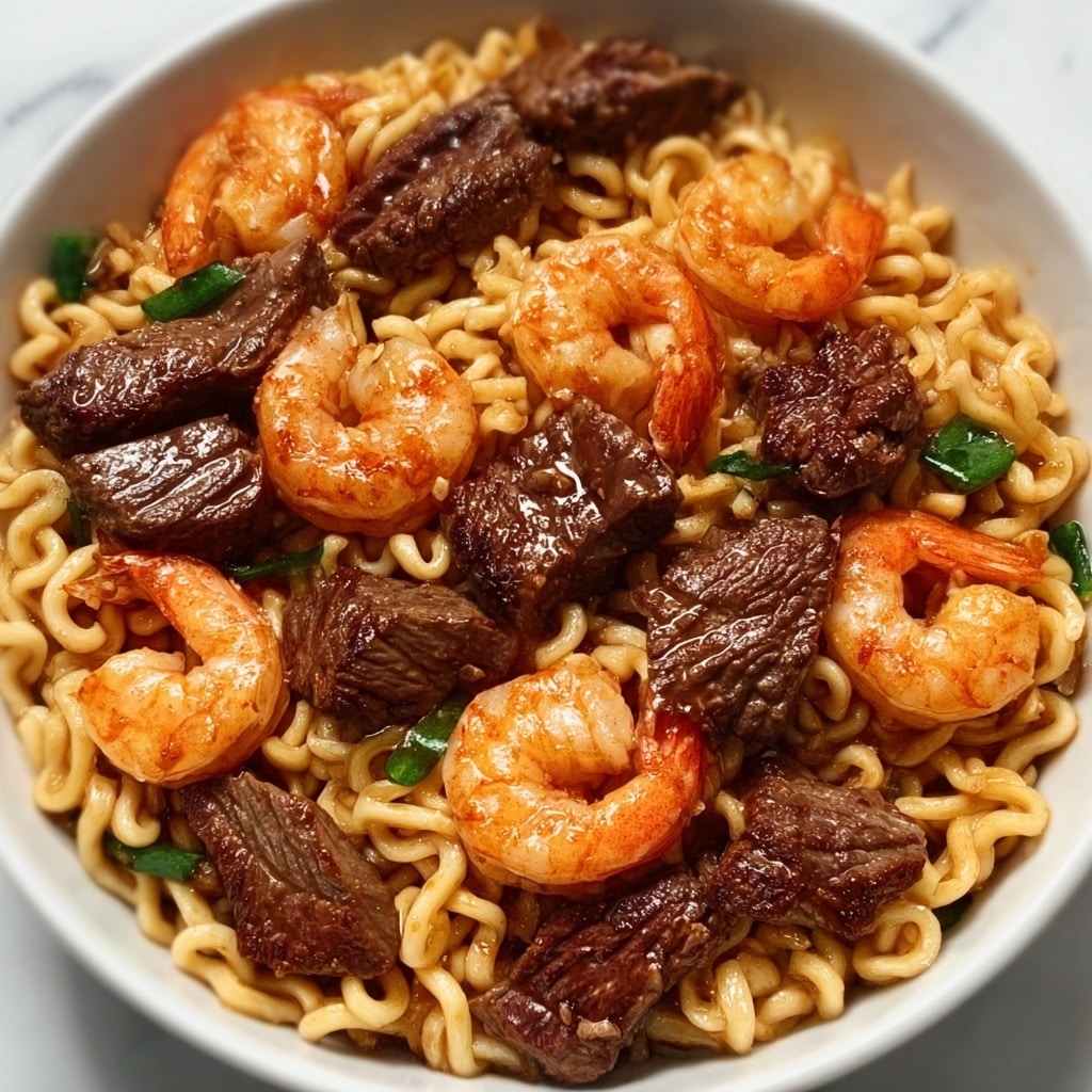 Garlic Butter Steak and Shrimp Stir-Fried Noodles Recipe - Recipe Image
