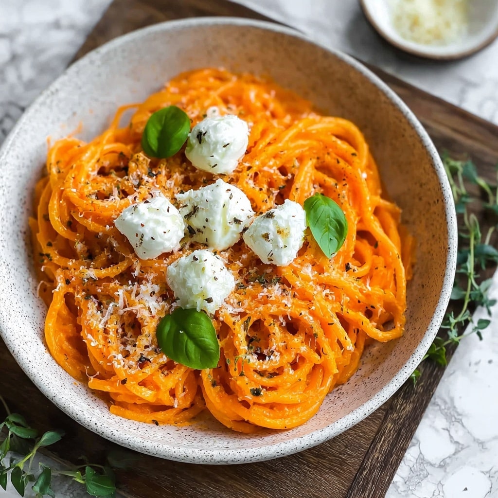 Creamy Red Pepper Pasta with Burrata & Herbs Recipe - Recipe Image