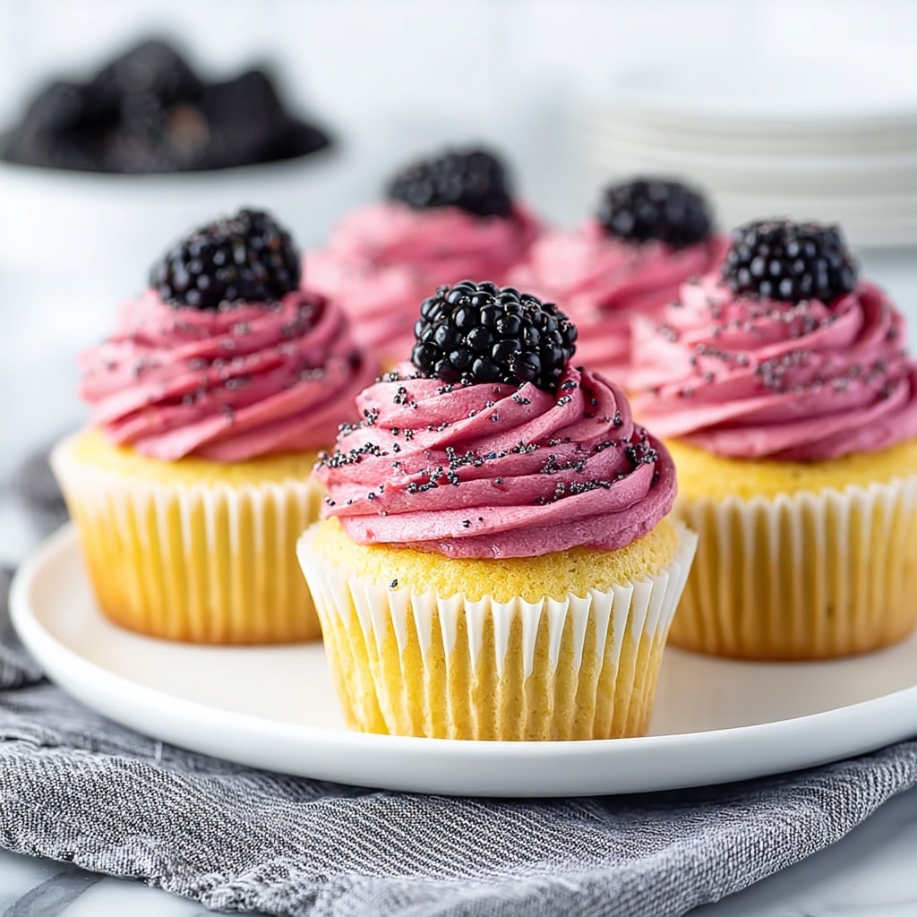 Lemon Poppy Seed Cupcakes with Blackberry Frosting Recipe - Recipe Image
