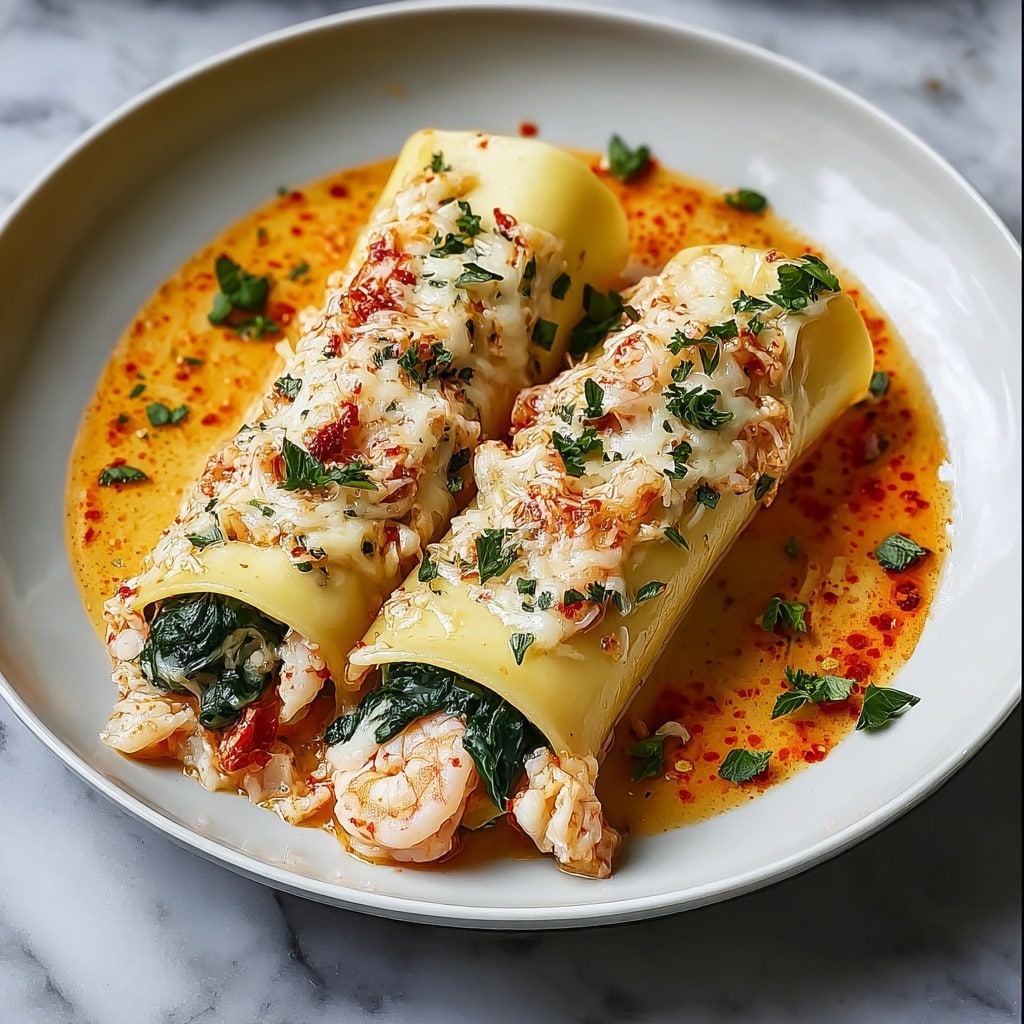 Shrimp & Spinach Stuffed Pasta Rolls with Roasted Red Pepper Cream Sauce Recipe - Recipe Image