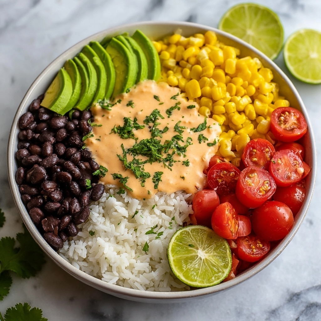 Black Bean Burrito Bowl with Chipotle Sauce and Fresh Garnishes Recipe - Recipe Image