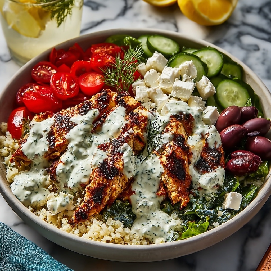 Greek Chicken Bowls with Creamy Tahini Feta Sauce Recipe - Recipe Image