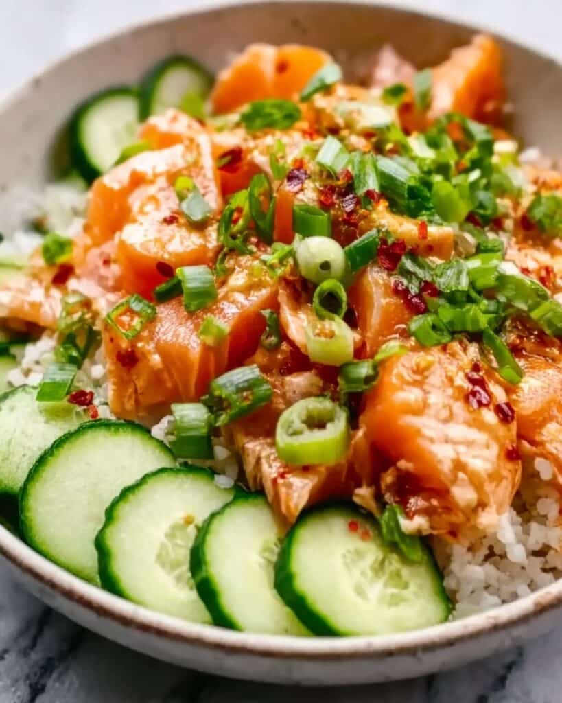 Crispy Rice Salmon Cucumber Salad with Creamy Asian Dressing Recipe