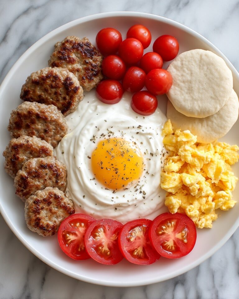 Breakfast Feast with Scrambled Eggs, Sausage Patties, Biscuits, and Tomatoes! Recipe