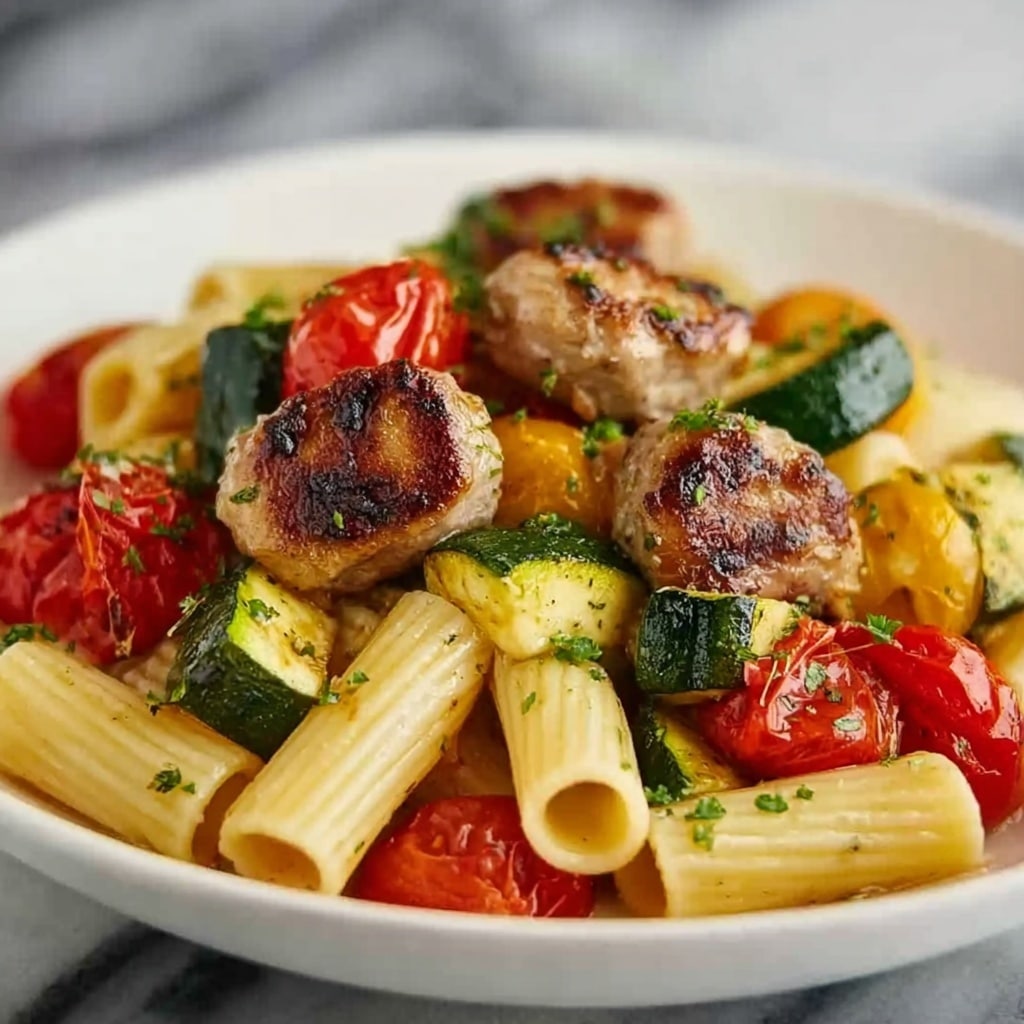 Chicken Sausages with Zucchini, Tomato, and Pasta Drizzle Recipe - Recipe Image