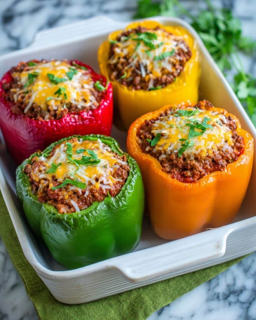 Stuffed Bell Peppers with Ground Beef, Rice, and Cheese Recipe