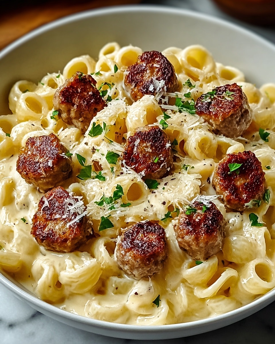 Garlic Butter Sausage Bites with Creamy Parmesan Pasta Recipe - Recipe Image