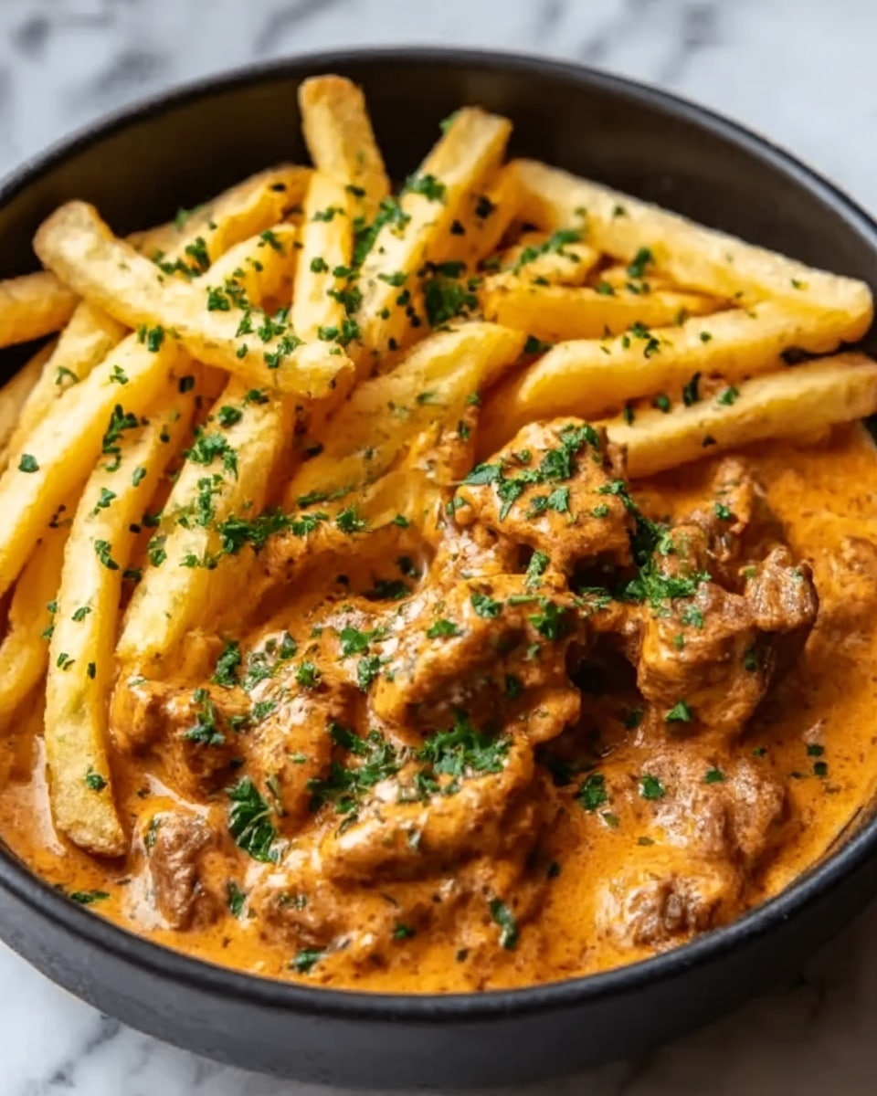 Creamy Butter Chicken in Garlic-Infused Sauce with Golden Crispy Fries Recipe - Recipe Image