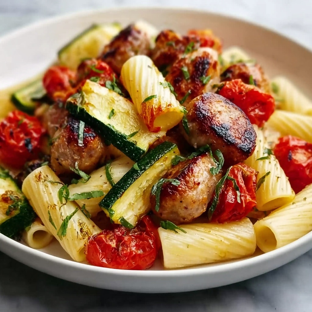 Chicken Sausages with Zucchini, Tomato, and Pasta Drizzle Recipe