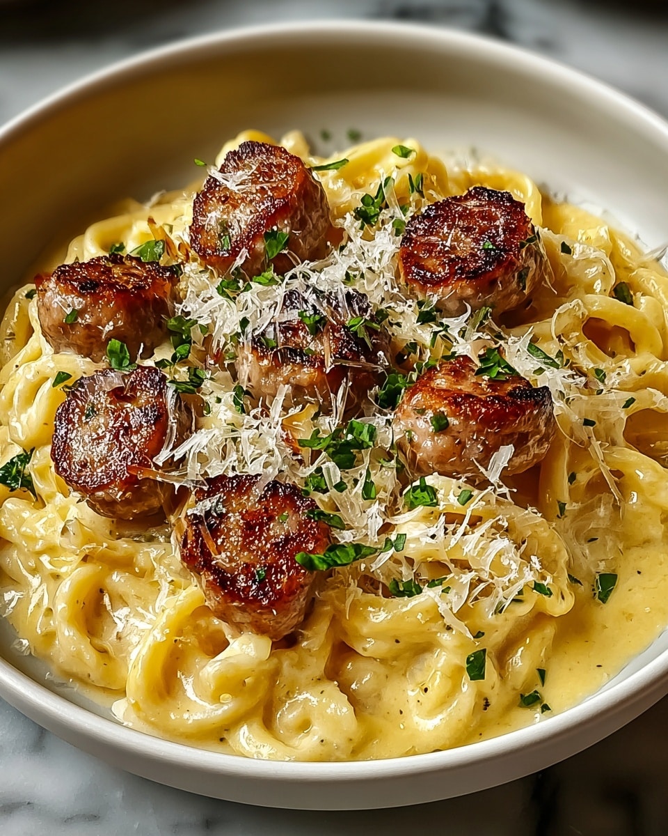 Garlic Butter Sausage Bites with Creamy Parmesan Pasta Recipe - Recipe Image