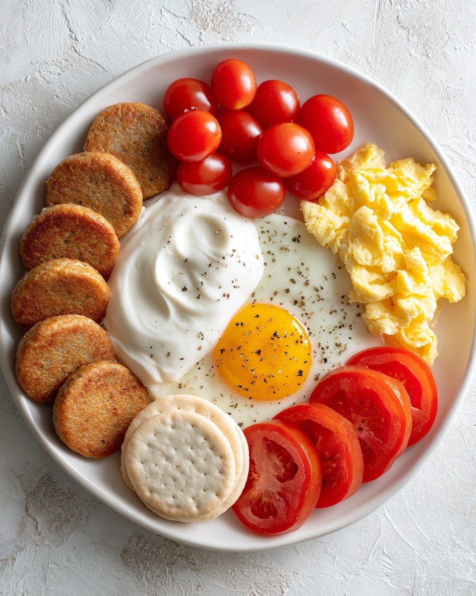 Breakfast Feast with Scrambled Eggs, Sausage Patties, Biscuits, and Tomatoes! Recipe - Recipe Image